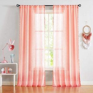 Lino Strutturato <span class=keywords><strong>Finestra</strong></span> <span class=keywords><strong>Tende</strong></span> Trasparenti con Pom Pom per la Camera Da Letto Soggiorno 54*96" - Product Image 4