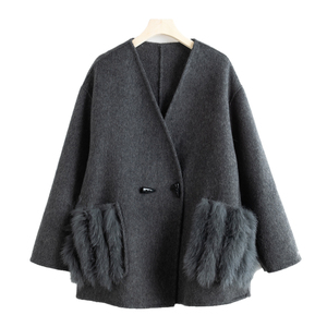 YRW025 vente directe d'usine accepter personnalisé faire luxe 100% <span class=keywords><strong>laine</strong></span> veste femmes élégantes manteau avec fourrure de renard châle 2 voies Style - Product Image 6