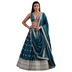 Ensemble Lehenga Choli en satin de soie bleu sarcelle avec dupatta, longueur au sol, tenue de mariage indienne traditionnelle, tailles femme du S au 2XL - Product Image 1