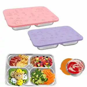 Stainless Steel 4 Compartments Thali Lunch Tray School Fast Food Canteen Divided Dinner Mess Plates With Silicone Lid