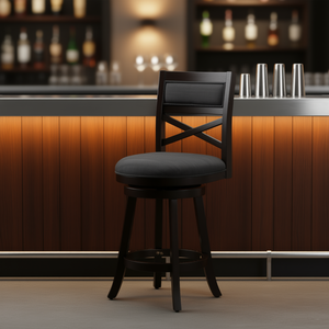 Sgabello da Bar 24 Pollici, Altezza Bancone, Schienale a X, Telaio in Legno Espresso, Seduta Girevole in Tessuto Antracite, Design Moderno, Arredamento Bar - Product Image 2