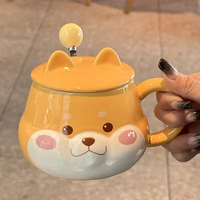 Mug à café en céramique au design créatif, forme de chien de dessin animé, poignée arrondie, couvercle, cuillère - Style Halloween mignon, compatible lave-vaisselle et micro-ondes