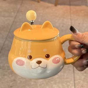 Creative Design <b>Ceramic</b> Coffee Mug Cartoon <b>Dog</b> Shape Rounded Handle Lid Spoon-Cute Halloween Style Dishwasher Microwave Safe - Product Image 3