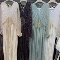 Kaftan Abaya de Luxe avec Ceinture Ornée de Perles et Strass, Robe Longue Islamique pour Soirée de l'Aïd