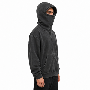 Sudadera con capucha personalizada de felpa gruesa para hombre, estilo Ninja, con cremallera, 100% algodón, lavado ácido, sin cordones, venta al por mayor - Product Image 2