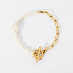 Women's jewelry with 18K gold plated fresh water pearl rectangular chain spliced stainless steel bracelet