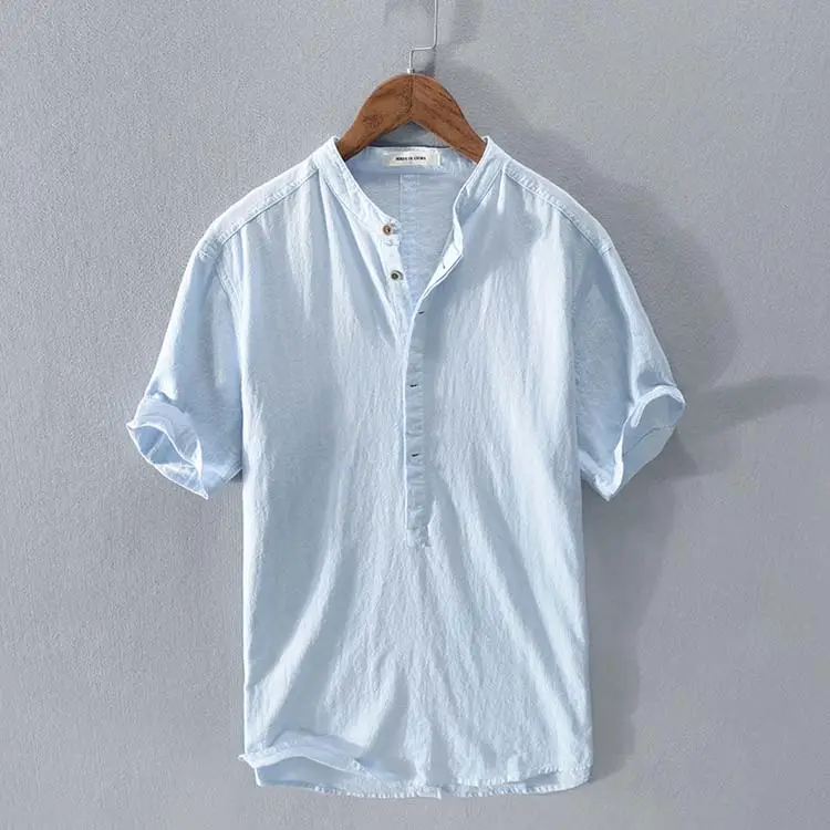 Verão moda algodão botão para baixo manga curta casual solto linho em branco masculino liso branco camisas dos homens