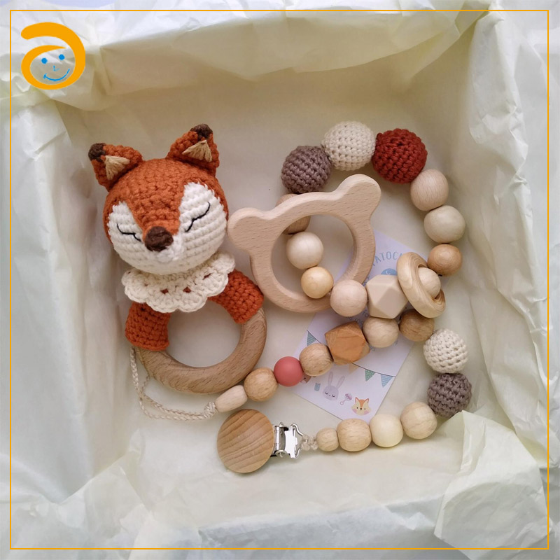 Органическая лиса вязанное крючком погремушка кольцо Прорезыватель для зубов детская игрушка для жевания Прорезыватель для детей Детский подарок набор
