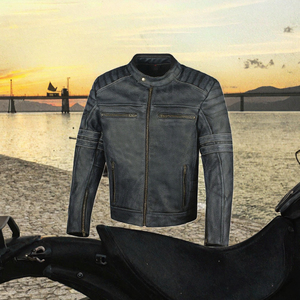 Men's Genuine Leather Motorcycle Jacket Stand Collar <b>Washed</b> Finish Zipper Closure Slim Fit Patchwork Autumn Riding Outerwear - Product Image 3