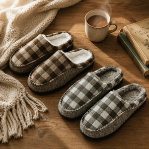 <span class=keywords><strong>Chaussons</strong></span> d'intérieur en coton à carreaux pour hommes, doublure en fausse fourrure, chauds pour l'hiver, doux et antidérapants - Product Image 2