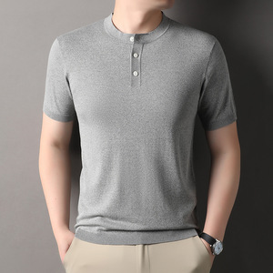 T-shirt en maille peignée de qualité tendance pour homme, col Henley, manches courtes, léger, <span class=keywords><strong>printemps</strong></span>-été, en Lyocell - Product Image 2