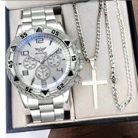 Montre Homme Décontractée en Acier à Succès, Mode en Alliage, Cadran Quartz 44 mm, Nouveau Set Collier Quartz à Trois Yeux