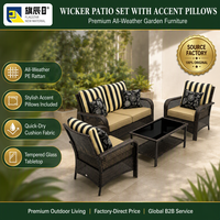 Set Patio Rotan 4 Buah Loveseat 2 Kursi Berlengan Meja Kopi Bantal Bergaris Hitam Putih