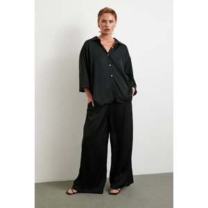 Pantalones Elegantes de Pierna Ancha, Negros, de Satén, Cintura Alta, Fluidos, para Mujer, Tela Transpirable - Product Image 3