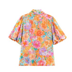 Camisa de Playa Personalizada 2026 para Mujer, Manga Corta, con Lazo, Blusa de Resort, OEM/ODM por Fábrica China, Top Casual Estampado Vintage - Product Image 2