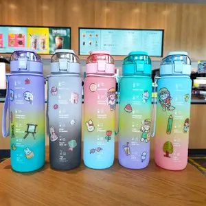 1000ml Wholesale new arrival gradient frosted straw plastic water bottle portable cup with handle 2D Sticker