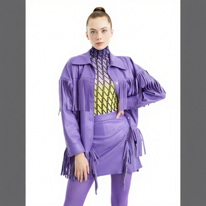 Womens Real Purple Leather <b>Jacket</b> Fringe Tassels Shirt Sheepskin Lavender <b>Western</b> Cowgirl Shacket Coat Custom Winter Outerwear - Product Image 1