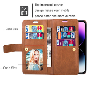 Étui en cuir multifonctionnel avec fermeture à glissière 9 fentes pour cartes pour <span class=keywords><strong>iPhone</strong></span> 17 Air 16E 16 Pro 15 14 13 12 11 Pro <span class=keywords><strong>XS</strong></span> Max Plus Stand Holder - Product Image 2