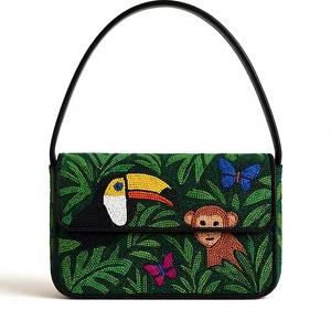 Sac fourre-tout brodé de perles style jungle, toucan, singe, papillons, bohème, durable, avec poignée souple, taille moyenne, pour usage quotidien, sacs à cosmétiques - Product Image 1