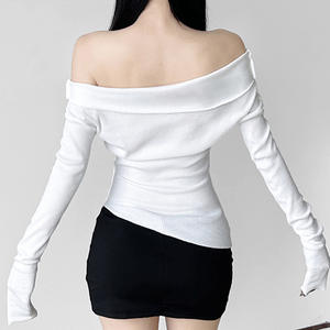 Camiseta de Manga Larga con Estampado Floral y Cuello Asimétrico, Ajuste Delgado, Elástica y Suave, Prenda Básica Informal para Primavera y Otoño para Mujer - Product Image 6