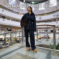 Ensemble décontracté en jean pour femme, deux pièces tissées, veste à revers et pantalon, style automne, avec ceinture décorative, livraison rapide
