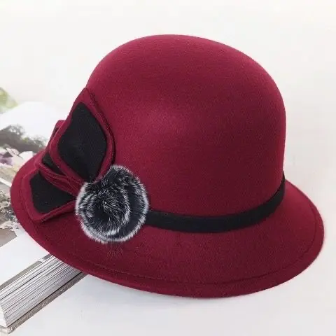 Autumn Winter Vintage Women Hat Bow Bowler Fedoras Cap Elegant Wool Ladies Hats