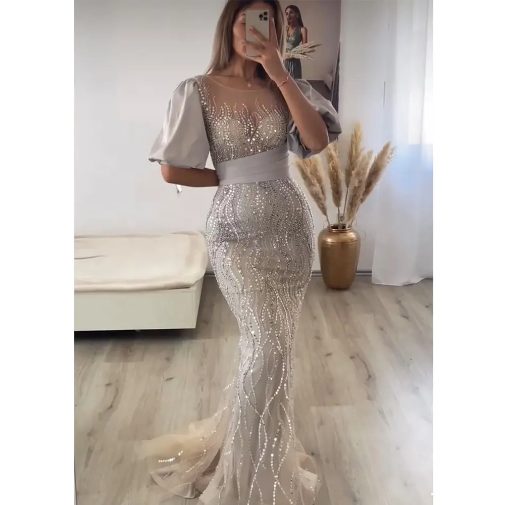 Gray Elegant O Neck Beading Mermaid Evening Dress Short Purr Sleeves Party Dresses Gowns For Women