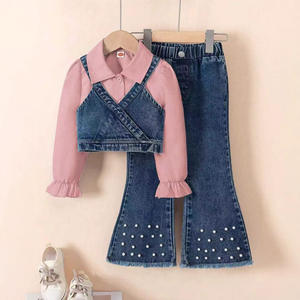 Ensemble de vêtements en <span class=keywords><strong>jean</strong></span> pour filles, automne-printemps, vêtements pour enfants, chemise à manches longues, gilet, <span class=keywords><strong>jean</strong></span>, vêtements cool de rue - Product Image 1