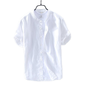 Chemise décontractée pour homme en lin/coton blanc, respirante et confortable, col montant, manches courtes, pour la saison d'automne - Product Image 1