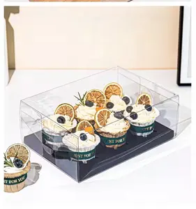 पारदर्शी कप केक के लिए ब्लैक बॉक्स और प्लग-पारदर्शी मफिन बॉक्स में 2/4/6 '/12 मिनी cupcakes