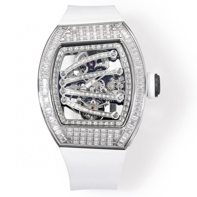 2026 Full Diamond Paved Tonneau Skeleton Mechanical Watch White Rubber Strap High End Luxury Hip Hop Statement Automatic Watch