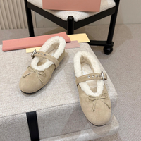 Chaussures plates pour femmes, blanches, doublées de polaire pour l'hiver, style Mary Jane, en daim, avec boucle à nœud, confortables et chaudes, ballerines de haute qualité, chaussures de luxe