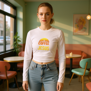 เสื้อยืดแขนยาวพิมพ์ลายกาแฟพระเยซู สไตล์ Y2K สำหรับผู้หญิง ผ้าถักผสมสแปนเด็กซ์และโพลีเอสเตอร์ คอกลม ทรงปกติ ใส่ได้ทุกฤดู แฟชั่น - Product Image 2