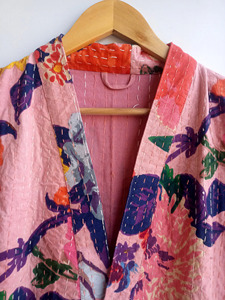 Kantha <b>Velvet</b> Suzani Long Reversible Kimono Robe Unisex <b>Jacket</b> with 2 Pockets on Each Side Floral Waterproof Everyday Wear - Product Image 3