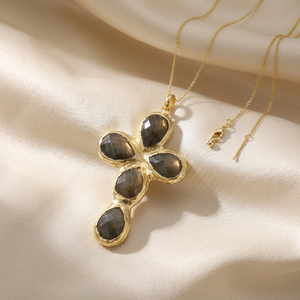 Natural Labradorite Pear Cut Gemstone Punk Style Teardrop Shape Statement Necklace <b>with</b> Gold Electroplated Brass Chain - Product Image 4