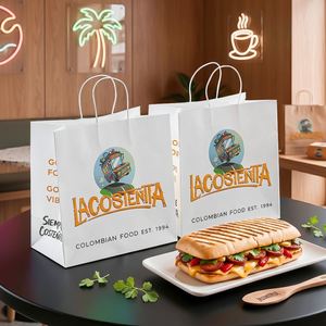 Custom Wholesale Recyclable Biodegradable Corn Pancake Meat Stuffed Rolls Kraft Paper Takeaway <b>Bags</b> Handles for Restaurant - Product Image 6