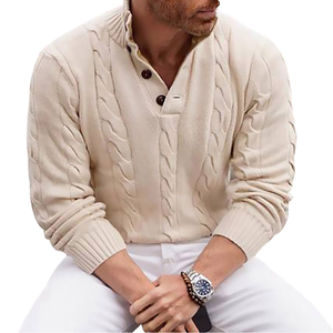 Winter Thin Breathable Anti-Pilling Knitted Polyester Crocheted Turn-<b>down</b> Collar with Front Logo Button Men's Sweater Pullover - Product Image 1
