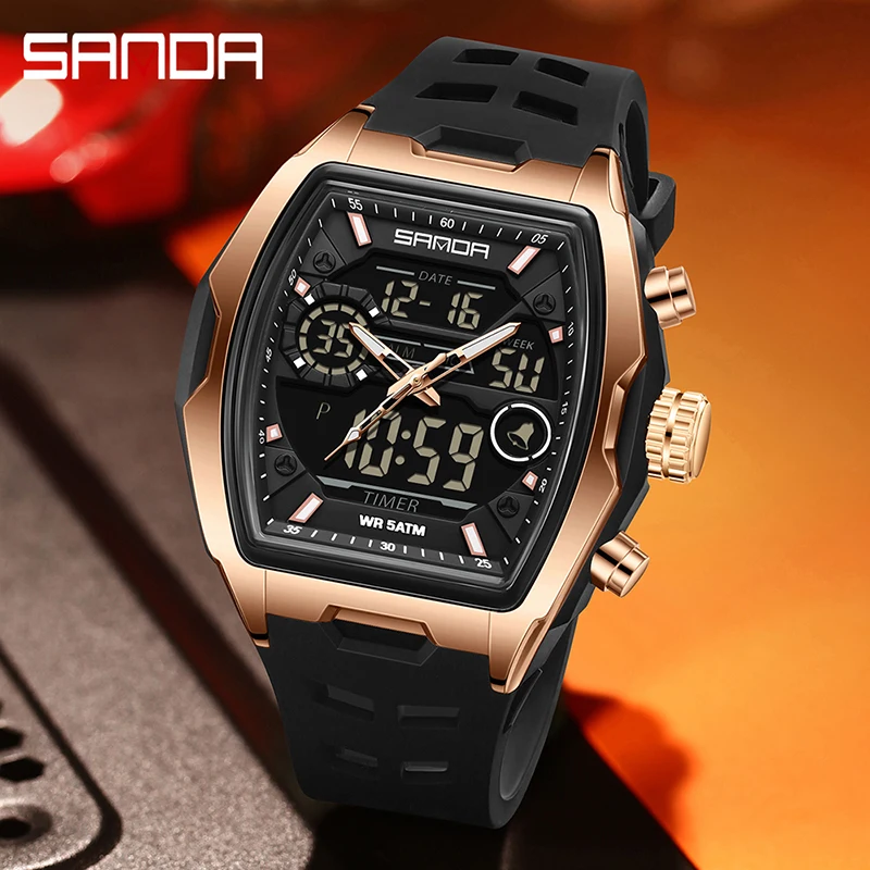 SANDA 6235 Men's Waterproof Dual Display Watch - Tonneau Dial