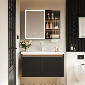 Mueble de baño negro para montar en la pared, estilo moderno minimalista, con espejo inteligente y lavabo integrado - Product Image 2