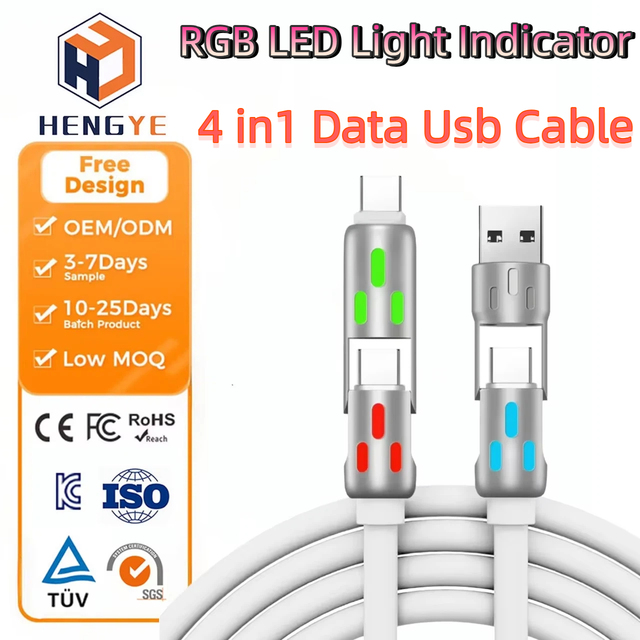 PD Multi-Function Zinc Alloy RGB LED Light Indicator 180 Rotational Type-C Type-C Cable 60W PD Universal 4-in-1 Fast Charging