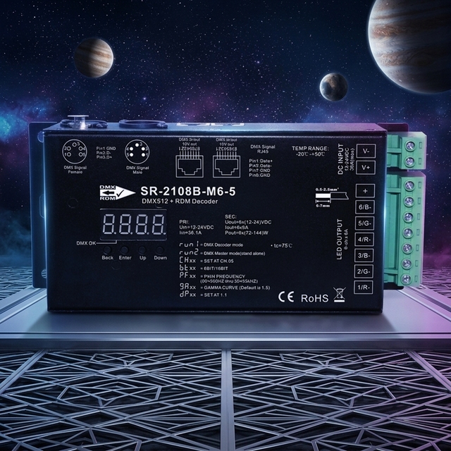 6CH RDM DMX512 Decoder SR-2108B-M6-5/3 12-24VDC 6x6A Digital Display PWM 500-35KHz 8/16bit Gamma 0.1-9.9 OTA for Theatre