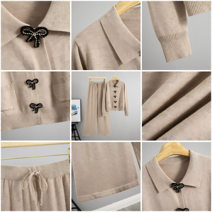 Kore tarzı yaka fiyonklu örgü viskon/polyester takım kadın sonbahar/kış yeni uzun kollu hırka geniş paça pantolon - Product Image 3