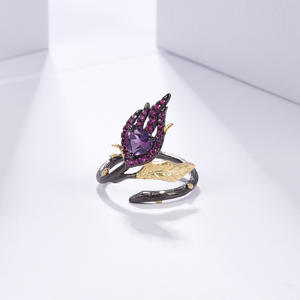 Bague ouverte unisexe Vision Améthyste en argent sterling plaqué, incrustée de strass en cristal, style floral vintage élégant, en alliage, pour soirée - Product Image 2