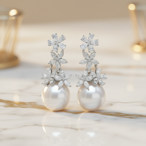 Pendientes de Perlas de Oro Blanco E3881 con Diamantes de Corte Marquesa, Joyería de Lujo para Mujer para Bodas - Product Image 2