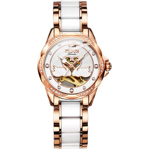 Women <b>Automatic</b> Mechanical Watch Rose Gold Ceramic Band Analog <b>Wristwatch</b> Hollow Dial for Daily Wear - Product Image 1