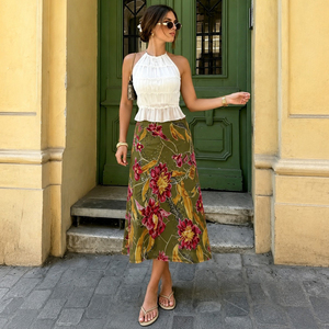 Falda midi de malla floral botánica con corte en A, cintura baja, estilo pintura al óleo francesa, vintage, estilo Hong Kong, favorecedora y casual. - Product Image 1
