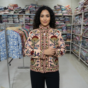 Veste en coton brodée à la main pour femmes, col mandarin, manches longues, motif floral, style Prairie Chic, vêtements d'automne - Product Image 1