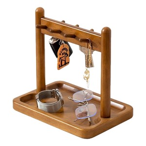 Wooden Desktop Organizer Storage <b>Rack</b> With Tray And Hooks For Keys Watches Glasses Multipurpose Display Stand Natural Color - Product Image 3