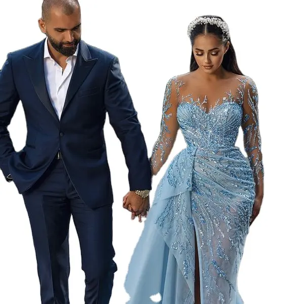 Stunning Sky Blue Long Sleeves Plus Size Evening Dress Mermaid Split Long With Ruffles Beads