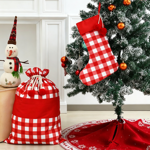 Bolsas de Papá Noel Personalizadas de Lona a Cuadros de Alta Calidad <span class=keywords><strong>con</strong></span> Cordón y Pompón para Decoración de Fiestas - Product Image 2
